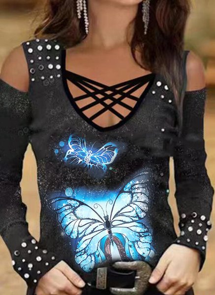 

Hollow Out Regular Fit Casual Shirts & Tops, Black, Long sleeve tops