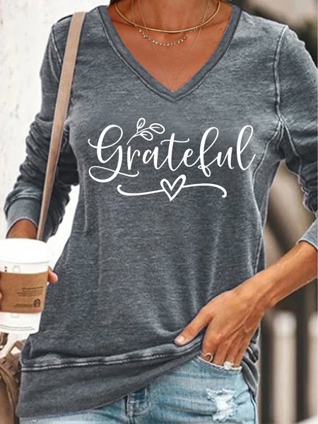 

Grateful printed V-neck long-sleeved sweatshirt, Gray, Hoodies&Sweatshirts