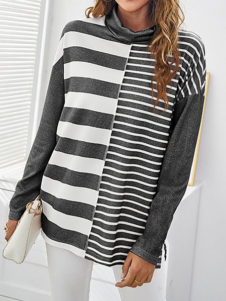 

Casual Mixed-Stripe Turtleneck Raglan Sleeve Tunic & Tops, Deep gray, Tops