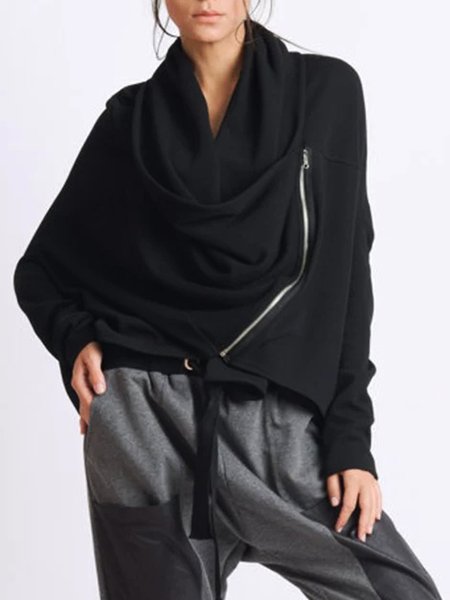 

Zipper Cowl neck Solid Casual Loosen Outerwear, Black, Outerwear