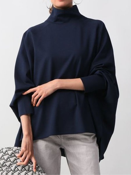 

High Neck Casual Solid Loosen Shirts & Tops, Deep blue, Tops
