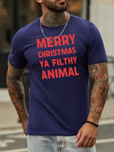 Merry christmas ya filthy animal round neck short sleeve Tee, Purplish blue, T-shirts