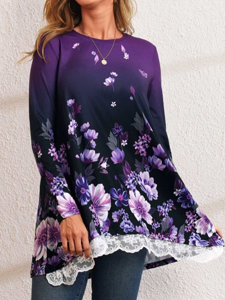

Plus Size Casual Crew Neck Floral Shirts & Tops（accessory not included）, Purple, Long sleeve tops