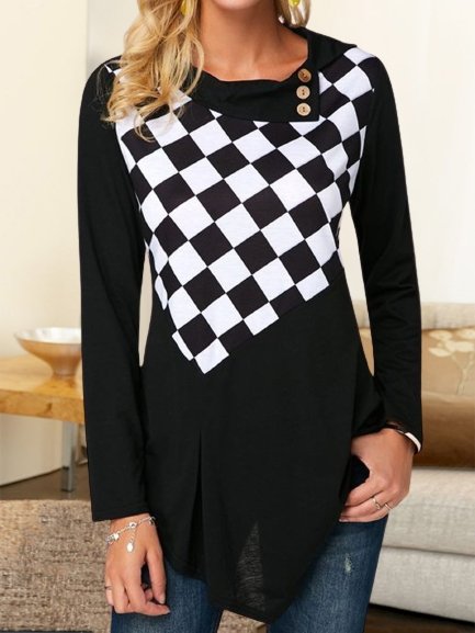 

Color-block Plaid Buttoned Long Sleeves Plus Size Casual Tops, Black-white, Tops