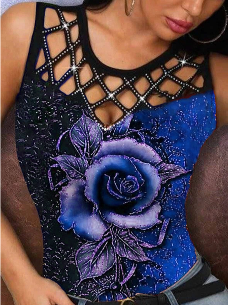 

Floral Casual Crew Neck Shirts & Tops, Blue, Tops