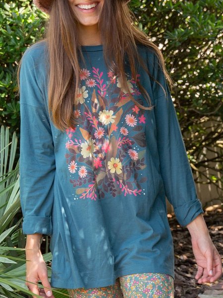 

Floral Loosen Crew Neck Shirts & Tops, Blue, Tunics