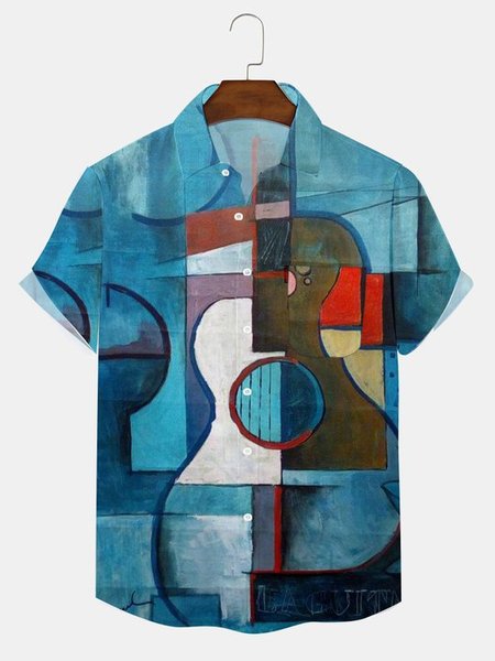 

Men's Summer Abstract Color Matching Season Short-sleeved Hawaiian Shirt, Blue, Men's Floral shirt