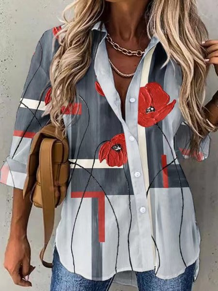 

Loosen Floral Shirt Collar Blouse, As picture, Shirts & Blouses