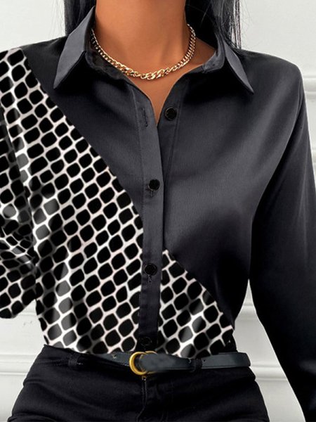 Long Sleeve Shirt Collar Regular Fit Lady Shirt, Black, Blouses and Shirts
