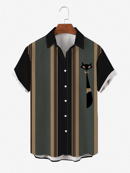 

Mens Retro Black Cat Print Round Hem Loose Short Sleeve Hawaiian Shirts, Men's Floral shirt