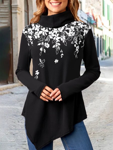 

Floral Cotton Blends High Neck Shirts & Tops, Black, Tunics