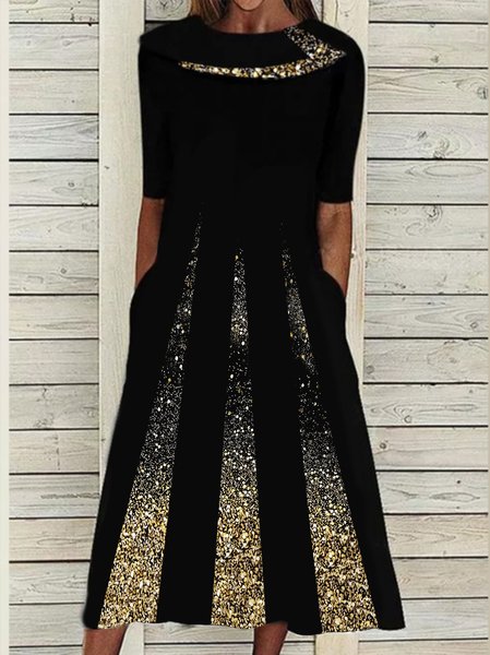 

Loosen Casual Geometric Crew Neck Dresses, Black, Tie dye dress