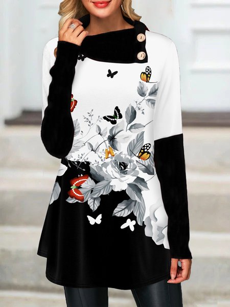 

Casual Long Sleeve Plus Size Printed Tops, Black, Tops