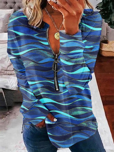

Printed Zipper Round Neck Casual Long Sleeve Loosen Sweatshirt, Blue, Hoodies & Sweatshirts