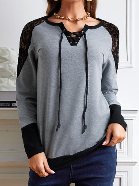 

Casual Plain V Neck Shirts & Tops, Gray, Long sleeve tops