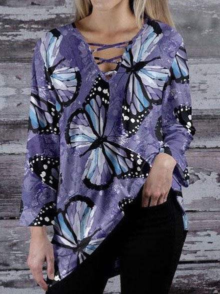 

V Neck Butterfly Printed Long Sleeve T-shirt, Purple, Long sleeve tops
