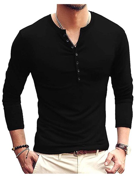 

Men's Henry Collar Long Sleeve Tops, Black, T-shirt