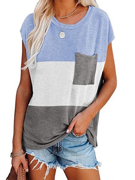 

Round Neck Casual Solid T-shirt, Blue, T-Shirts