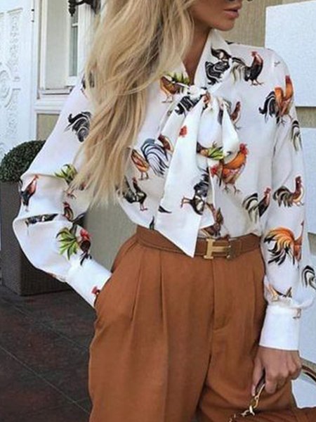 

Casual Simple Elegant Animal Tie Neck Simple Top, White, Blouses and Shirts