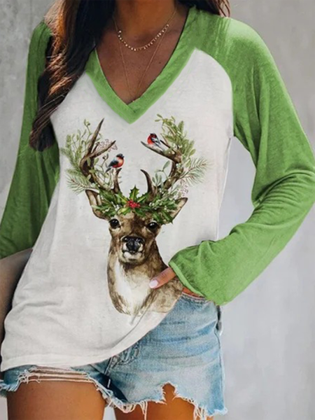 

Christmas Printed V Neck Printed Color Block Casual Shirts & Tops, Green, Tops