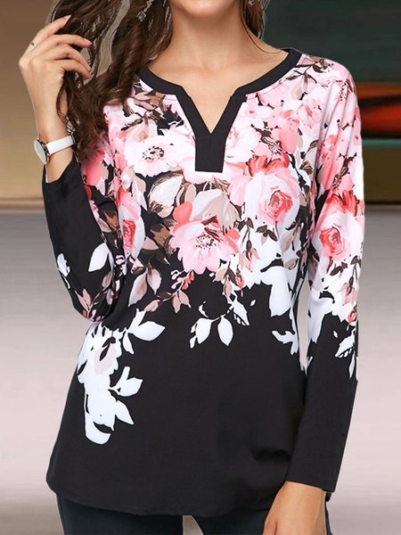 

Notched Floral Loosen Shirts & Tops（accessory not included）, Pink, Long sleeve tops
