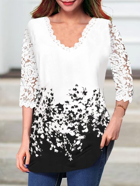 

Floral Printed Three Quarter Sleeves Tops, White, Tops
