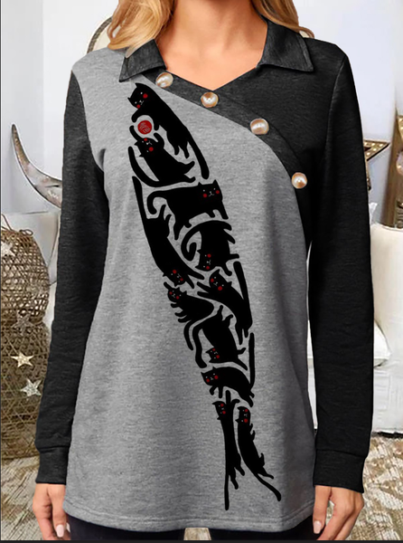 

Cat Printed Patchwork Casual V Neck Long Sleeve Tops, Gray, Long sleeve tops