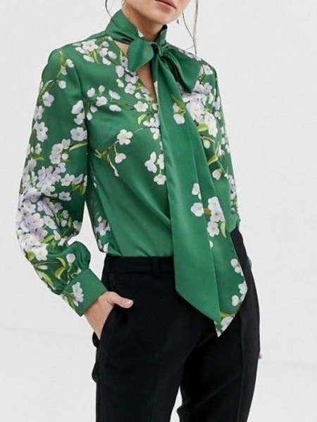 

Spring Elegant Tie Neck Work Formal Lightweight Tops, Green, Blouses and Shirts