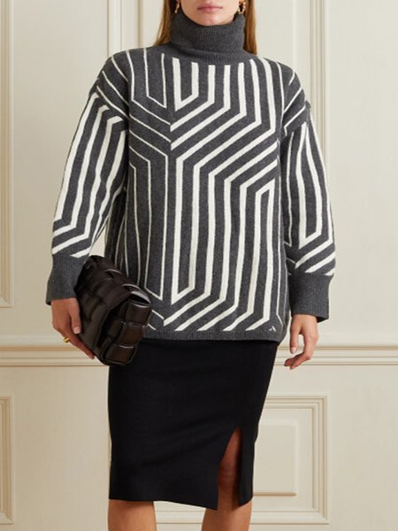 

High Neck Casual Geometric Sweater, As picture, Pullovers