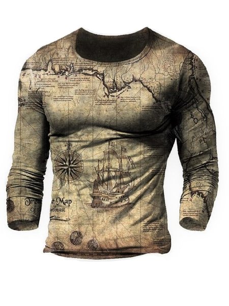 

Men's Round Neck Long Sleeve Map Element Printed Tee, Brown, T-shirt