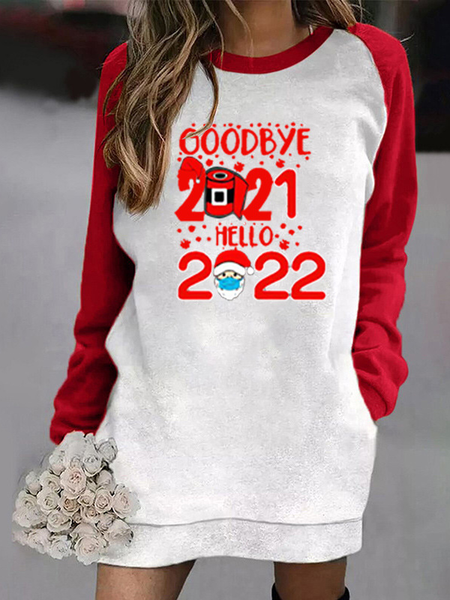 

Basics Letter Printed Long Sleeves New Year Holiday Dresses, Red, Mini Dresses