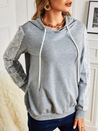 

Lace Loosen Casual Plain Lace Hooded Sweatshirt, Gray, Sweatshirts & Hoodies