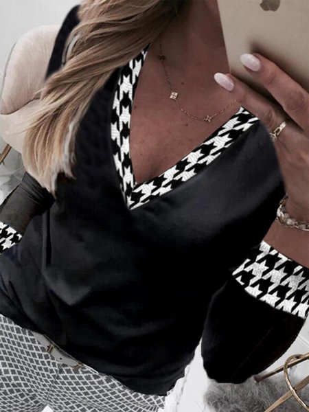 

Houndstooth Pattern Long Sleeves V Neck Plus Size Casual Tops, Black, T-Shirts