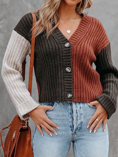 

Loosen Off Shoulder V Neck Plain Outerwear（accessory not included）, Brown, Cardigans