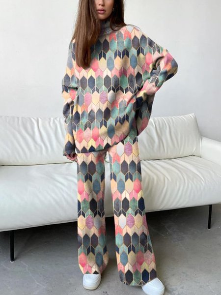 

Geometric Casual Crew Neck Suits, Multicolor, Suit Set