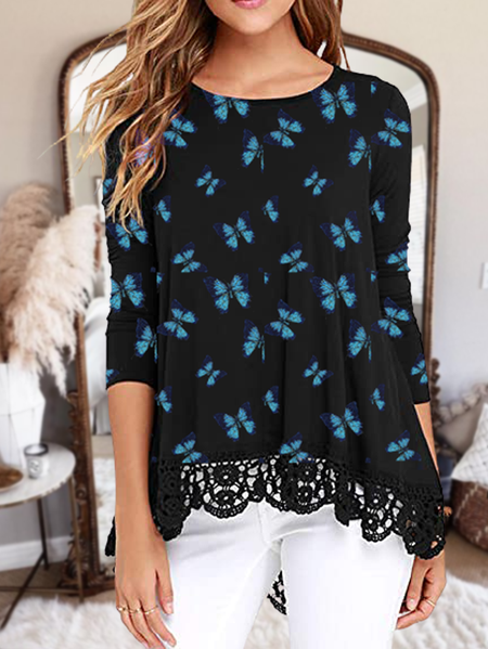 

Crew Neck Casual Loosen Shirts & Tops, Black, Tops