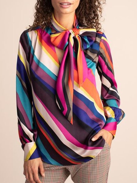 

Work Date Tie Neck Striped Shirt Sleeve Top, Multicolor, Blouses and Shirts