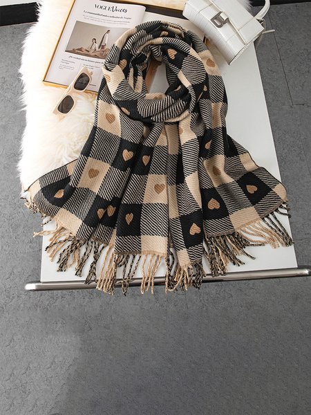 

Valentine's Day Check Heart Tassel Scarf, Black-white, Scarves&Gloves