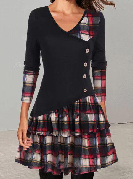 

Scollo a V Griglia Gonna Casuale, Nero, Mini Dresses