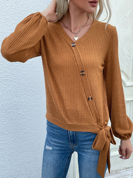

Plain Loosen V Neck Shirts & Tops, Brown, Long sleeve tops