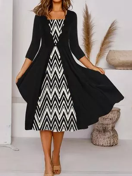 

Geometric V Neck Cotton Blends Regular Fit Dresses, Black, Midi Dresses