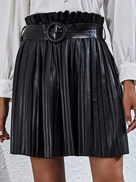 

Vintage Simple Elegant Pu Leather Simple Solid Skirts, Black, Mini Skirts