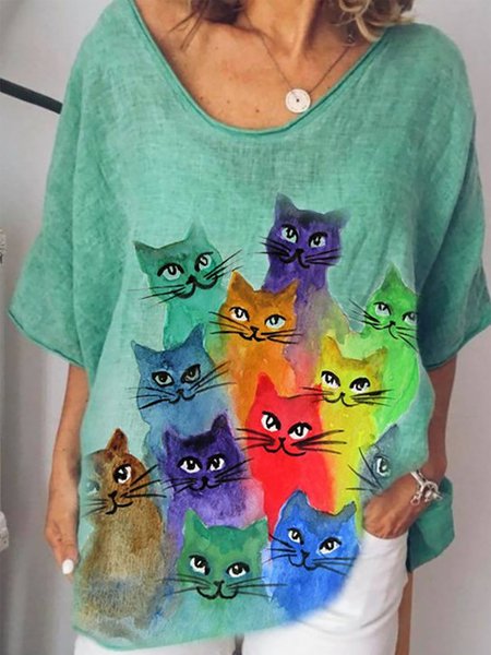 

Crew Neck Cat Printed Short Sleeves Hippie T-Shirt T-shirt, Aqua, T-Shirts
