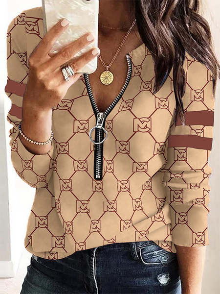 

Long Sleeve V Neck Printed Casual Shirts & Tops, Khaki, T-Shirts