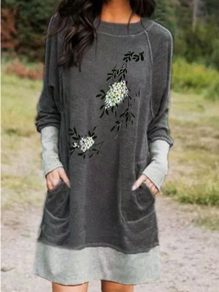 

Raglan Sleeve Casual Loosen Dresses, Gray, Floral Dresses