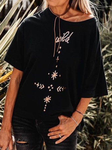 

Letter Print Loosen Casual Short Sleeve T-Shirt, Black, T-Shirts