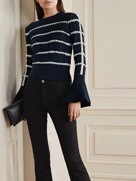 

Lady Striped Crew Neck Skinny Sweater, As picture, Pullovers