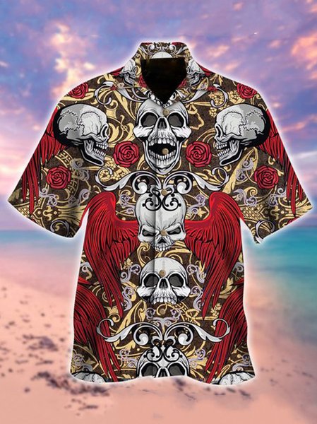 

Mens Viking Blood Skull Print Casual Breathable Short Sleeve Hawaiian Shirts, Red, Men's Floral shirt