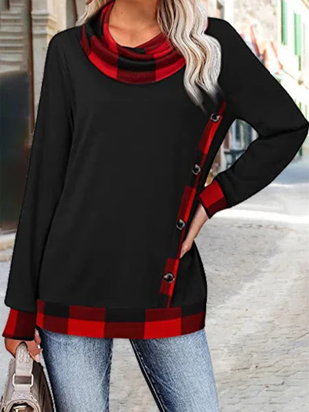 

Grid Cowl Neck Cotton Blends Loosen Shirts & Tops, Red-black, Long sleeve tops