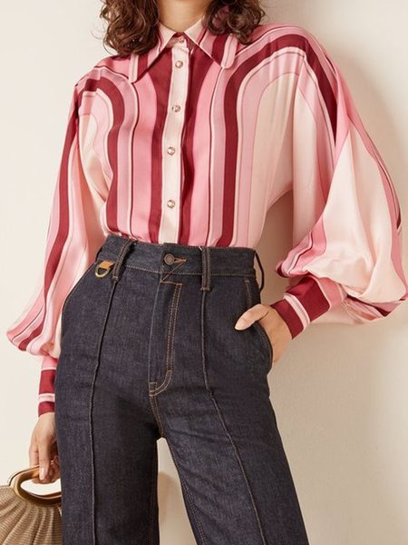 

Vintage Printed Loosen Shirt Collar Top, As picture, Blouses and Shirts